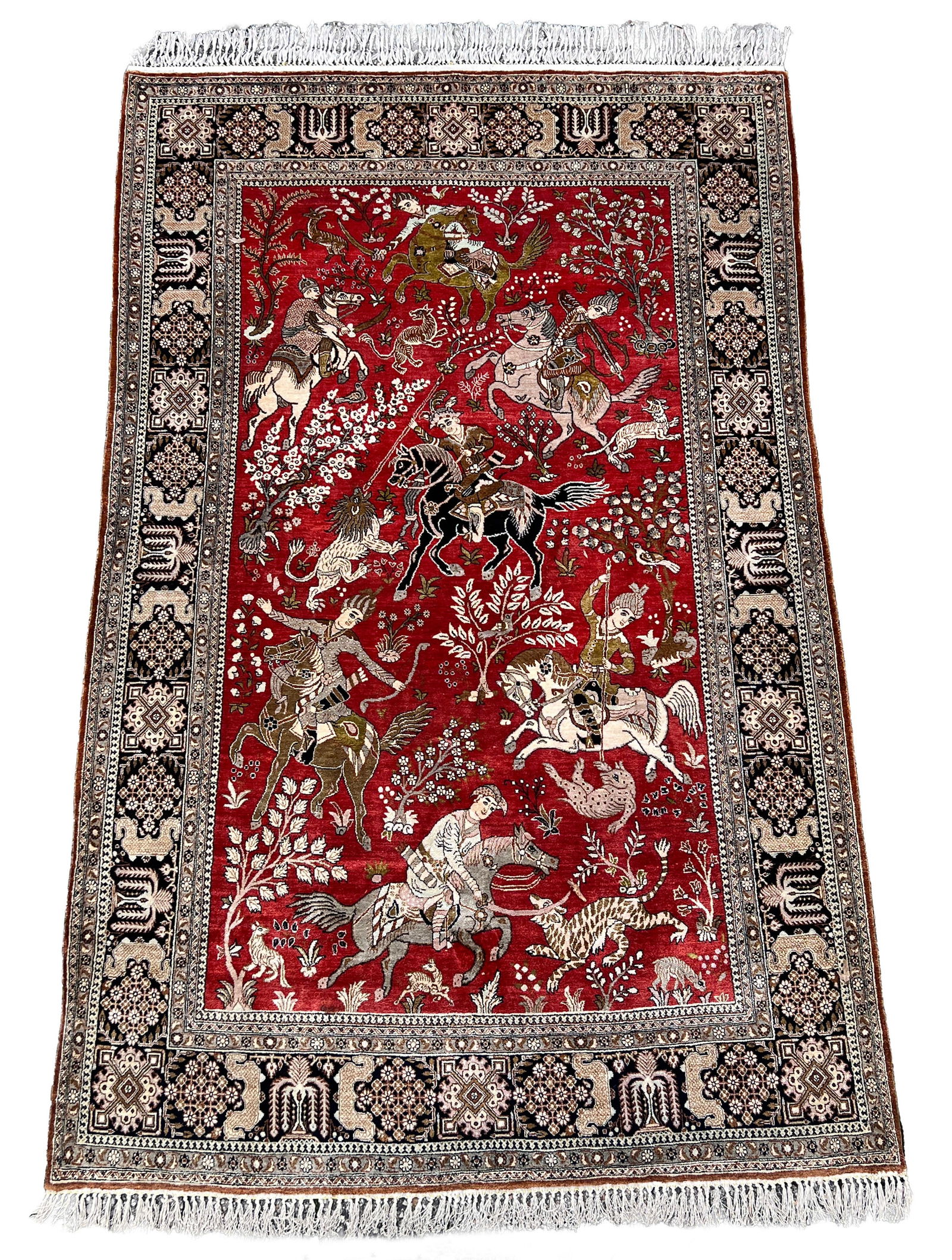 Ghom silk with hunting motif. Approx. 207 cm x 130 cm. Circa 1960. (1 of 11)