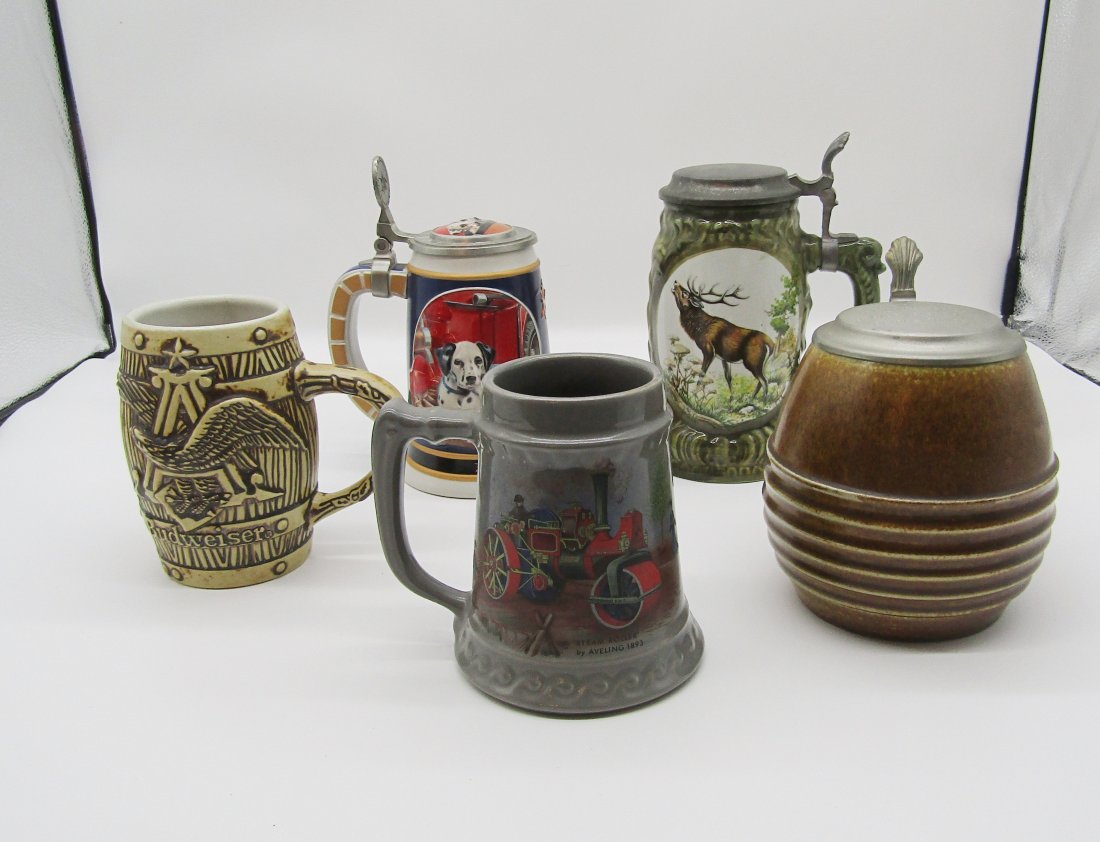 lot of 5 Steins: lot of 5 vintage steins. Goebel, McCoy, Budweiser.