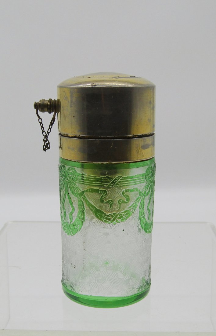 Art Deco Atomizer by Marcel Frank art glass body: measuring 4" high. quality art glass body with green drapery, Lalique? brass finish top.