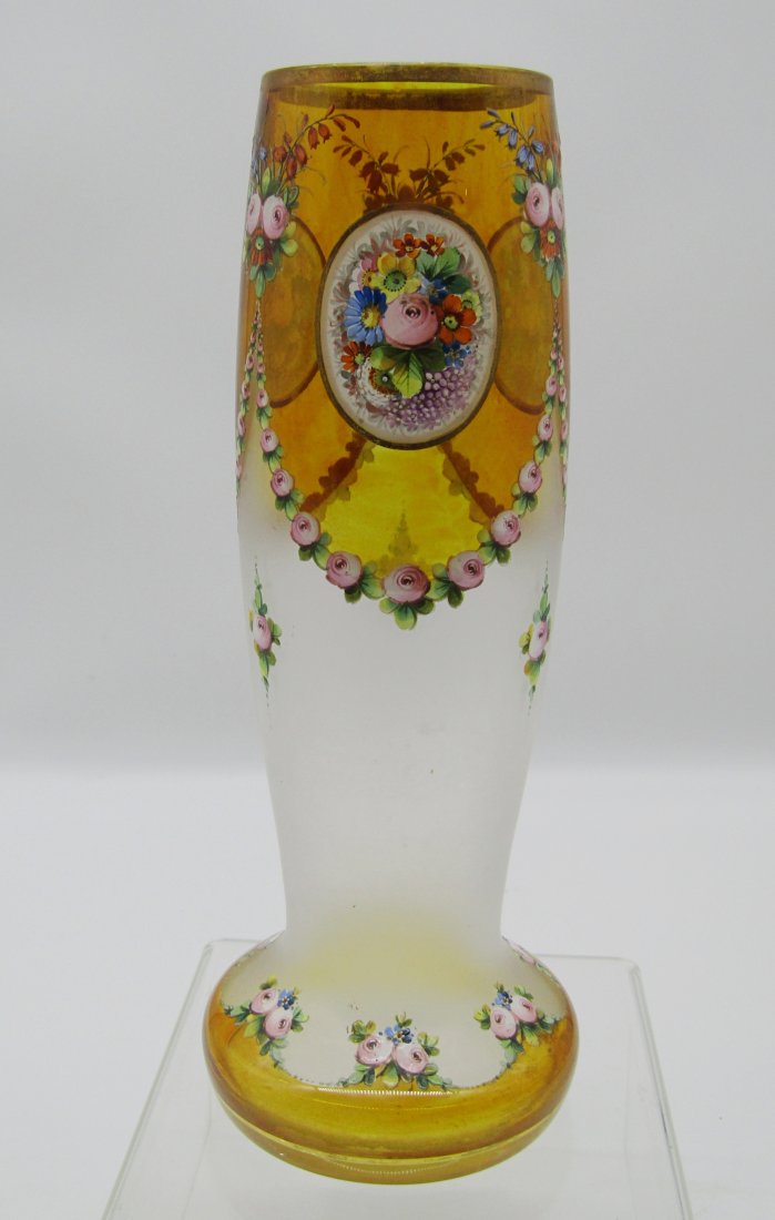 Art Nouveau amber and frosted glass Czech vase with hand painted enamels (1 of 4)