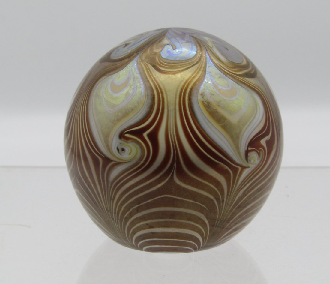 3" iridescent pulled feather paperweight attrib. to Orient & Flume (1 of 3)
