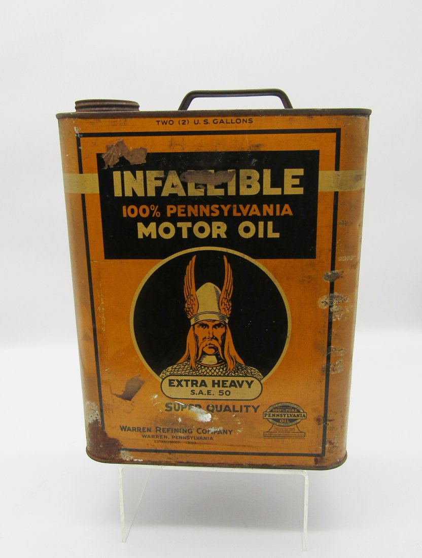 Infallible Pennsylvania Motor oil can 2 gallons Viking Logo: measures 9 x 10+1/2". Viking logo back and front.