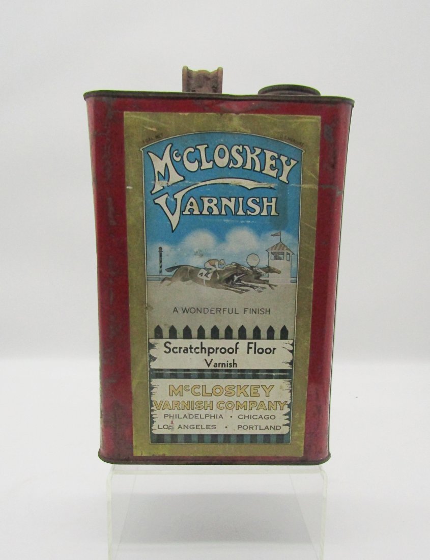 McCloskey Varnish can with race horse logo: measures 10 x 7". 1 gallon can. nice graphics.