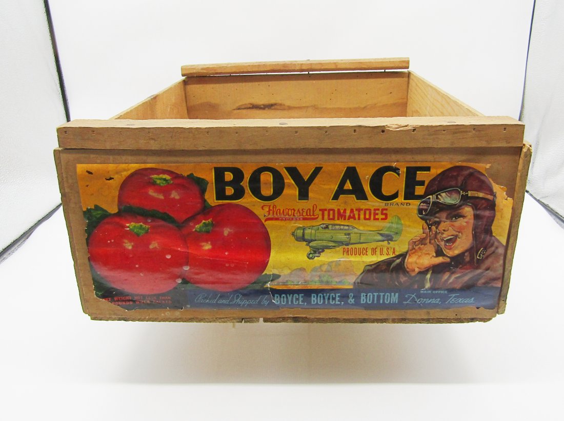 Boy Ace Tomatoes crate with boy aviator and airplane: vintage Tomatoes wood crate with Boy Ace Label. measures 18 x 14".