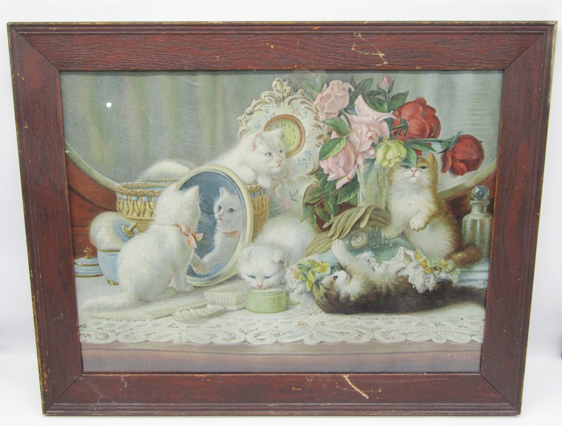 Antique Print of playful cats on a table, Vanity after H.C. Plumb: print measures 14 x 20". comes in oak frame. frame measures 16 x 24".