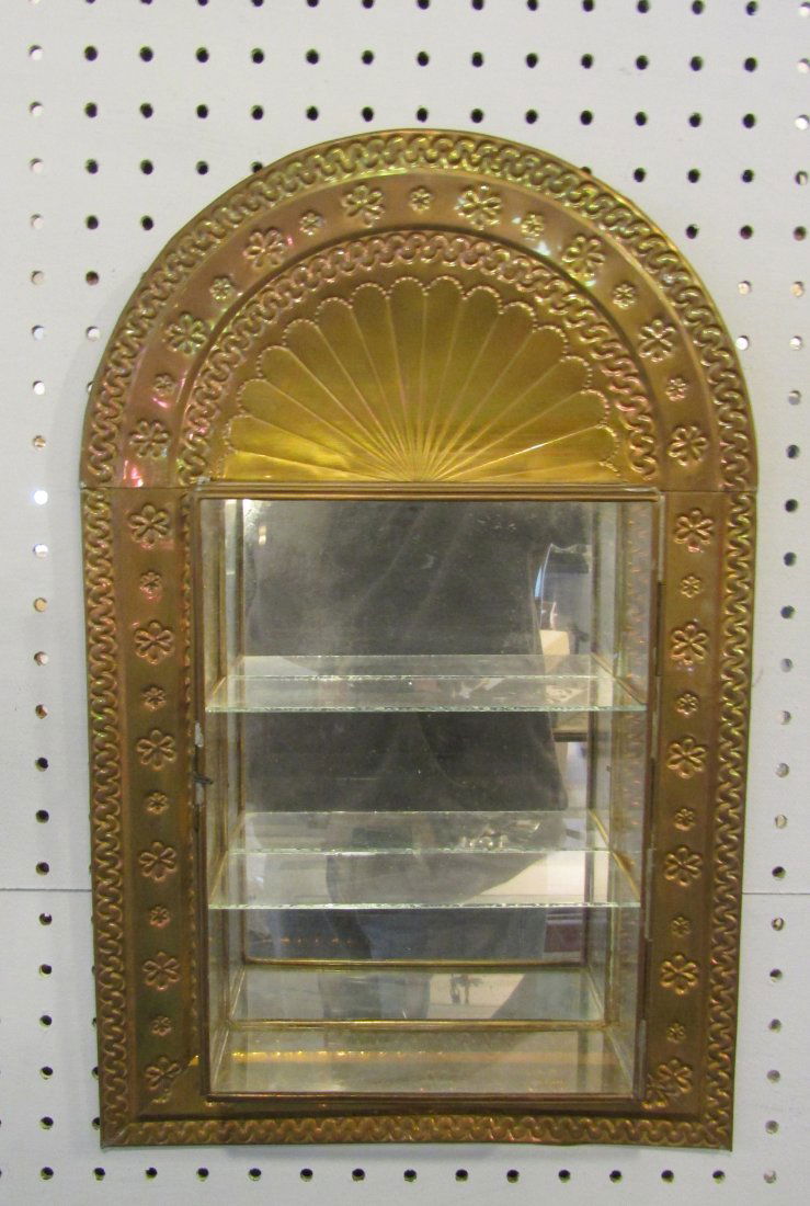 Antique hanging glass display in pressed brass frame (1 of 4)