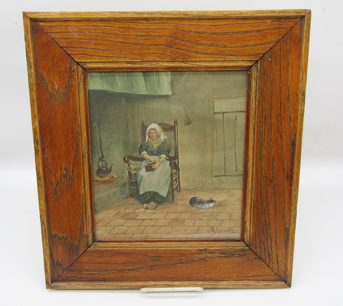 vintage Watercolor of early American Woman sitting next to hearth with cat (1 of 3)