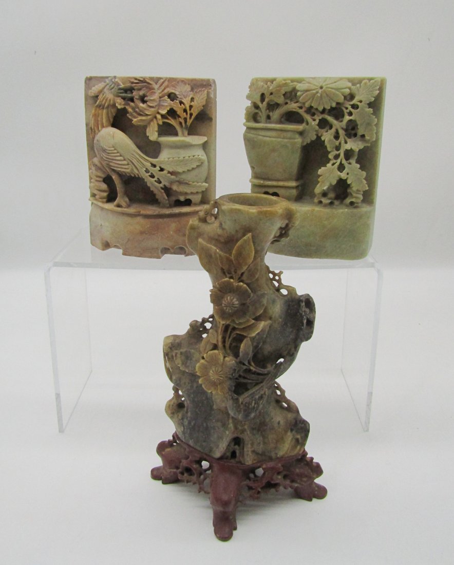 grouping of vintage soapstone carvings: vintage Chinese soapstone items. 2 single bookends and a 2 tone 8+3/4" vase.