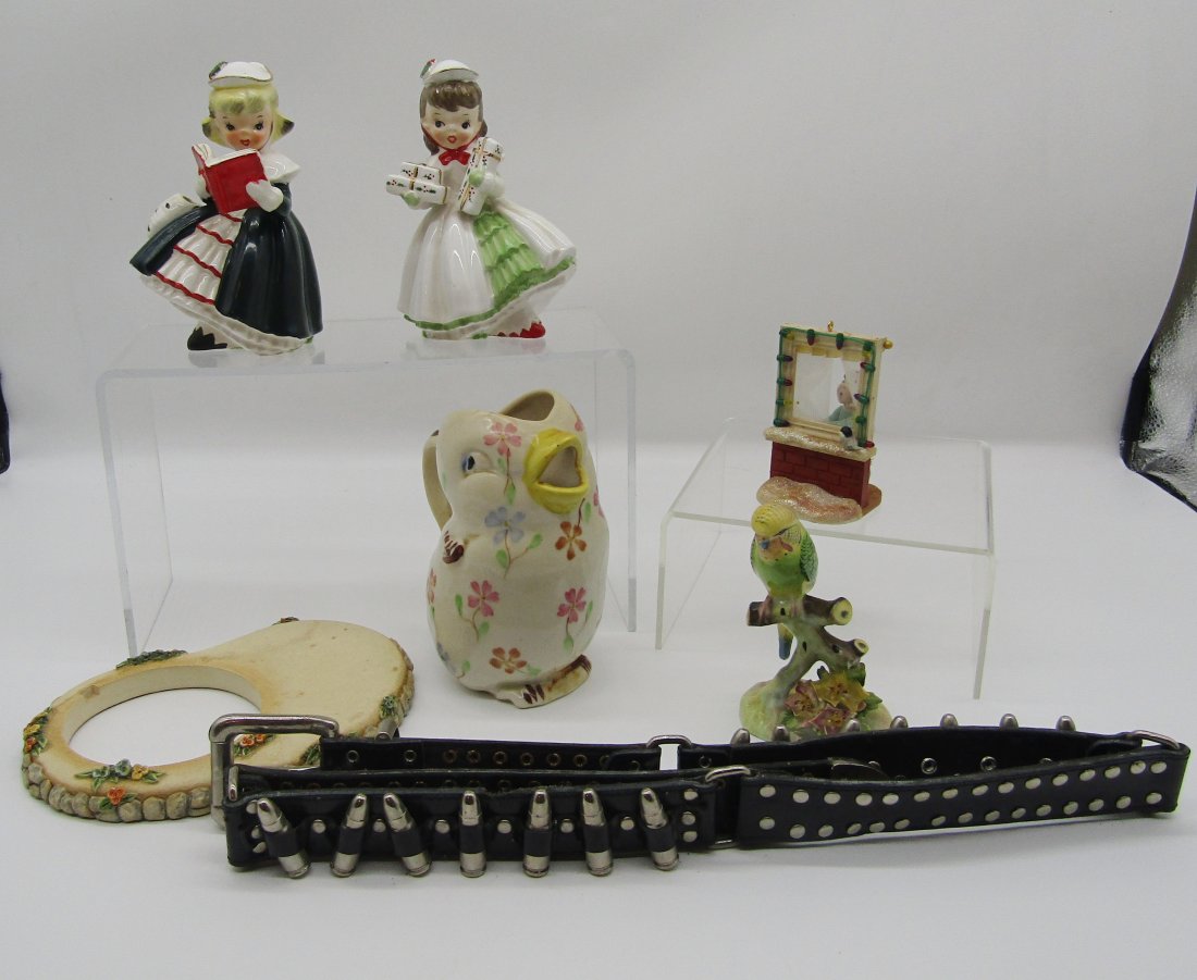 box lot with Napco figurines, Adderley bird, pottery bird pitcher, Punk belt (1 of 4)