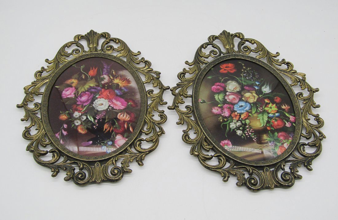 pair of vintage brass picture frames with still life prints (1 of 2)