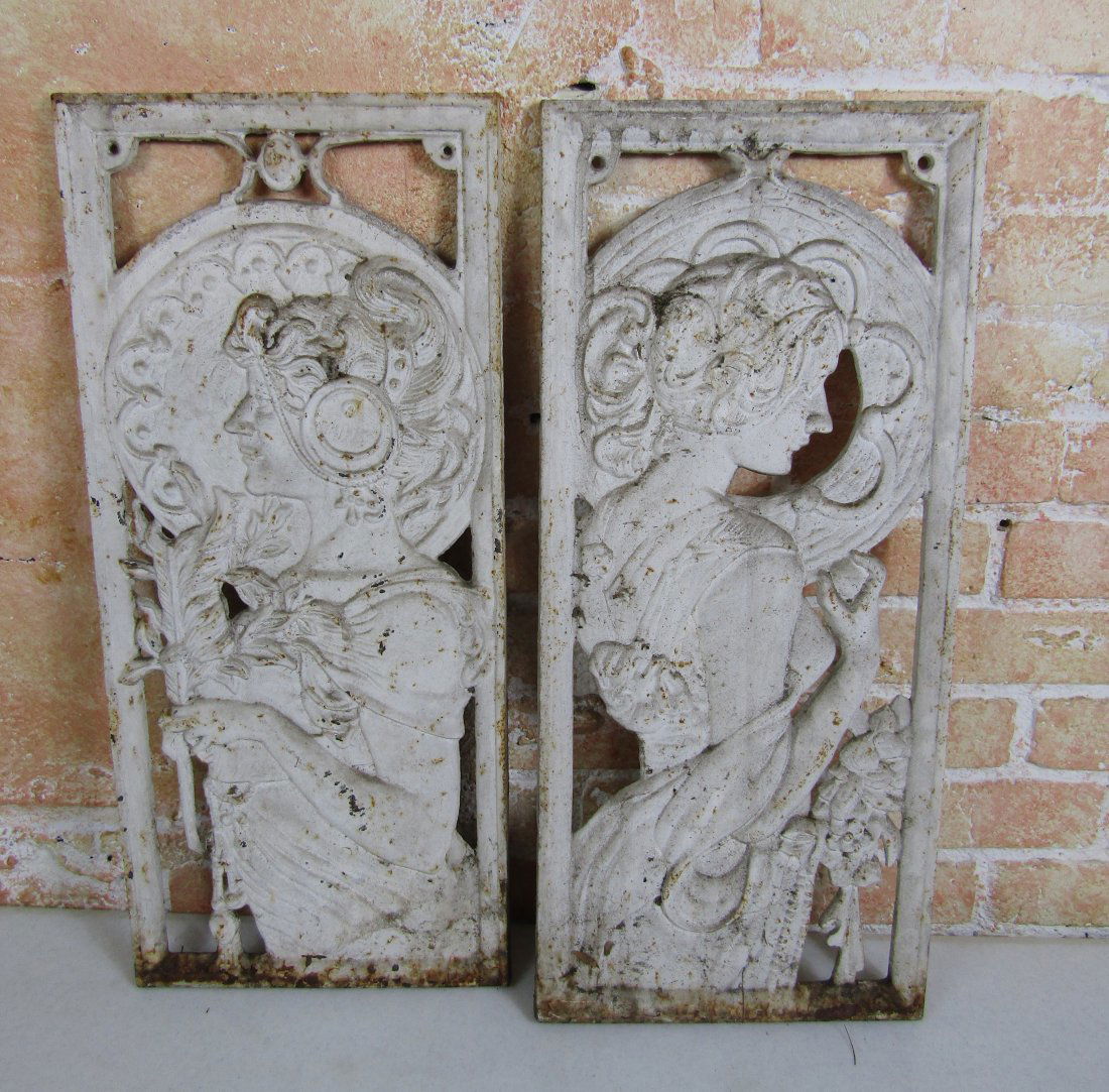 Pair of cast iron plaques, Architectural elements showing Lovely Woman (1 of 2)