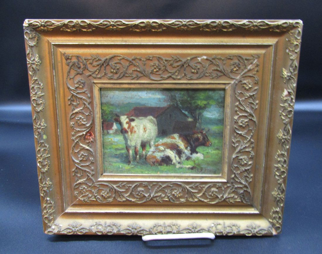 Antique oil painting on board, cows, Pastural scene, in frame (1 of 5)