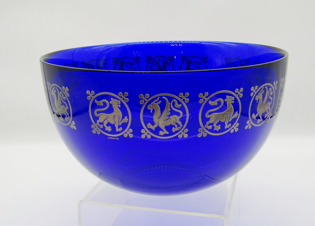 Argento Cobalt blue bowl with sterling medallions, Griffins: nice cobalt and sterling overlay bowl by Argento. measures 5+1/2" high by 10" in diameter. bowl has a band of medallions.
