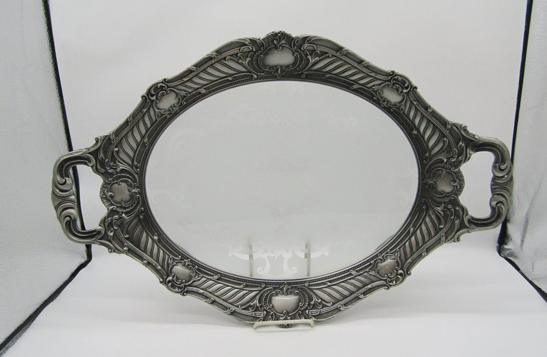 Large silver tone serving tray with frosted glass center (1 of 2)