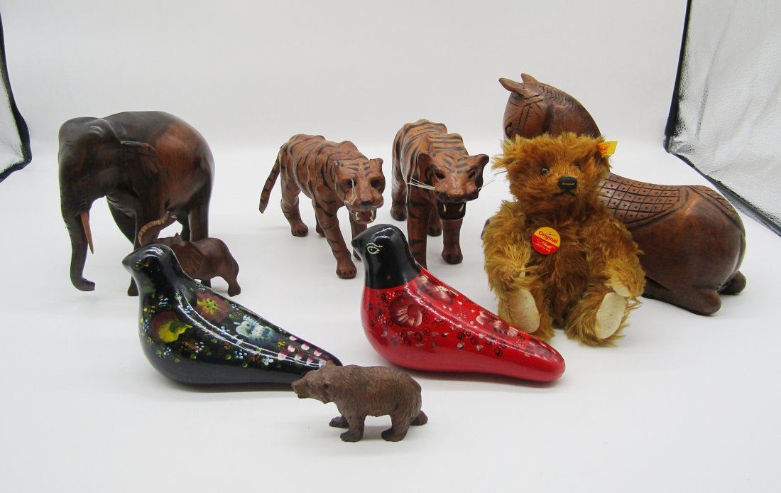 box lot of Animals horse, Elephant, birds,: box lot of animals. leather wrapped Tigers, wood Elephants, Steiff Bear, Trojan horse, pottery birds, etc.