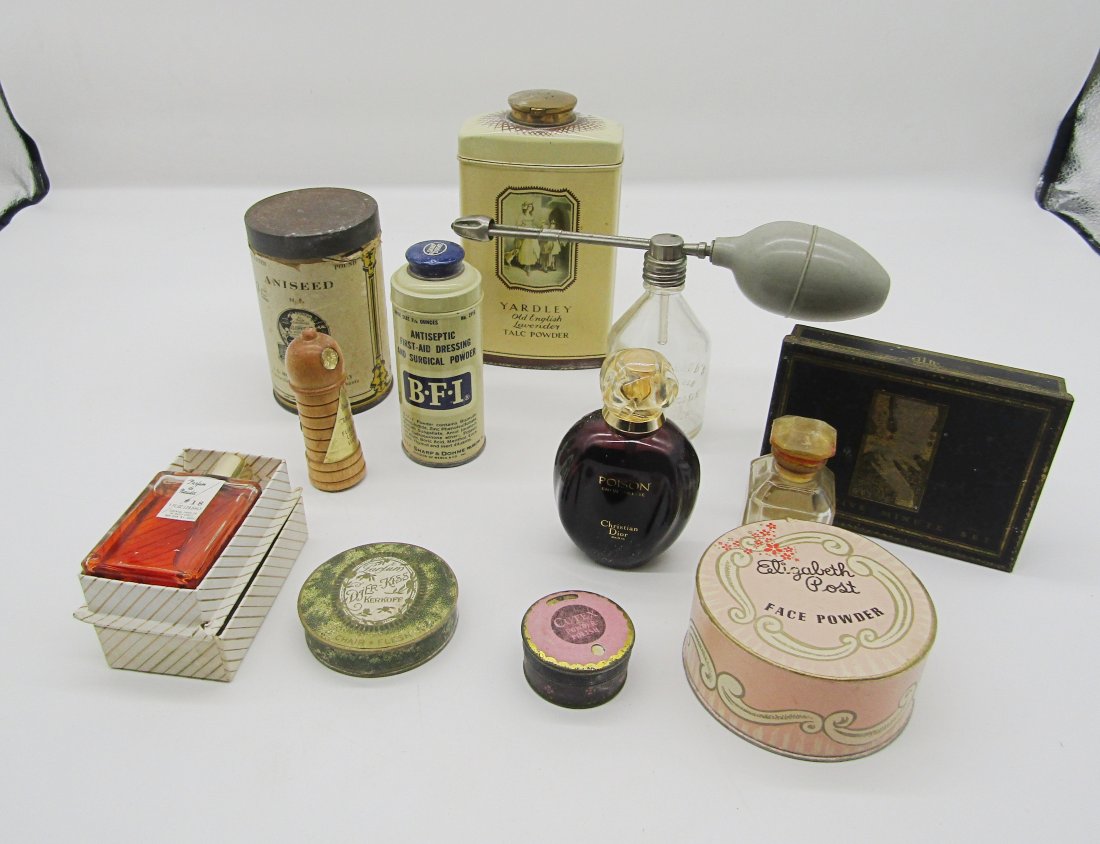 box lot of antique Toiletries, perfume, powders, Vanity, bathroom, etc. (1 of 5)
