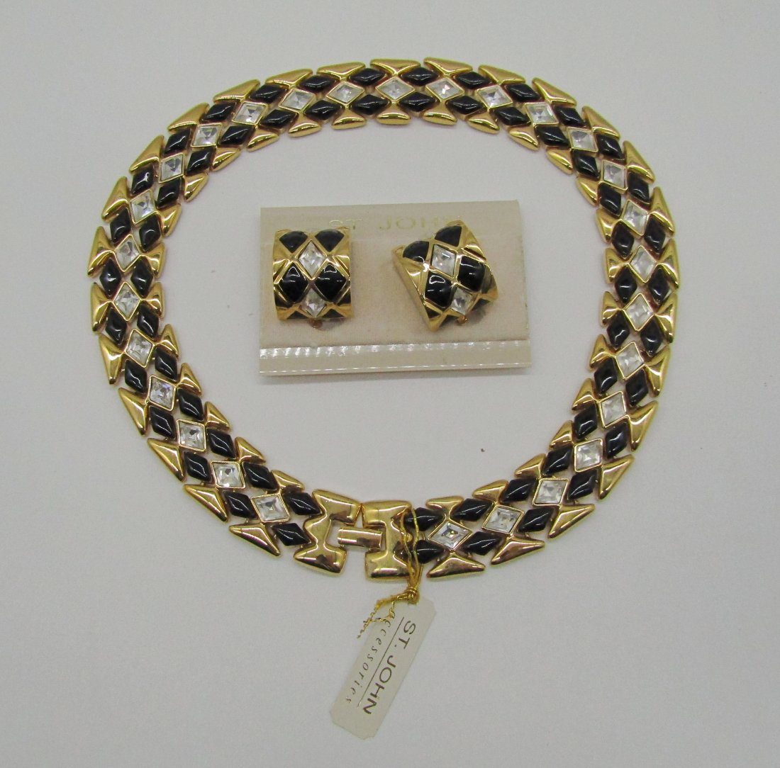 vintage St. John costume choker necklace and earrings: nice lot by St. John, chunky choker necklace with matching clip earrings.