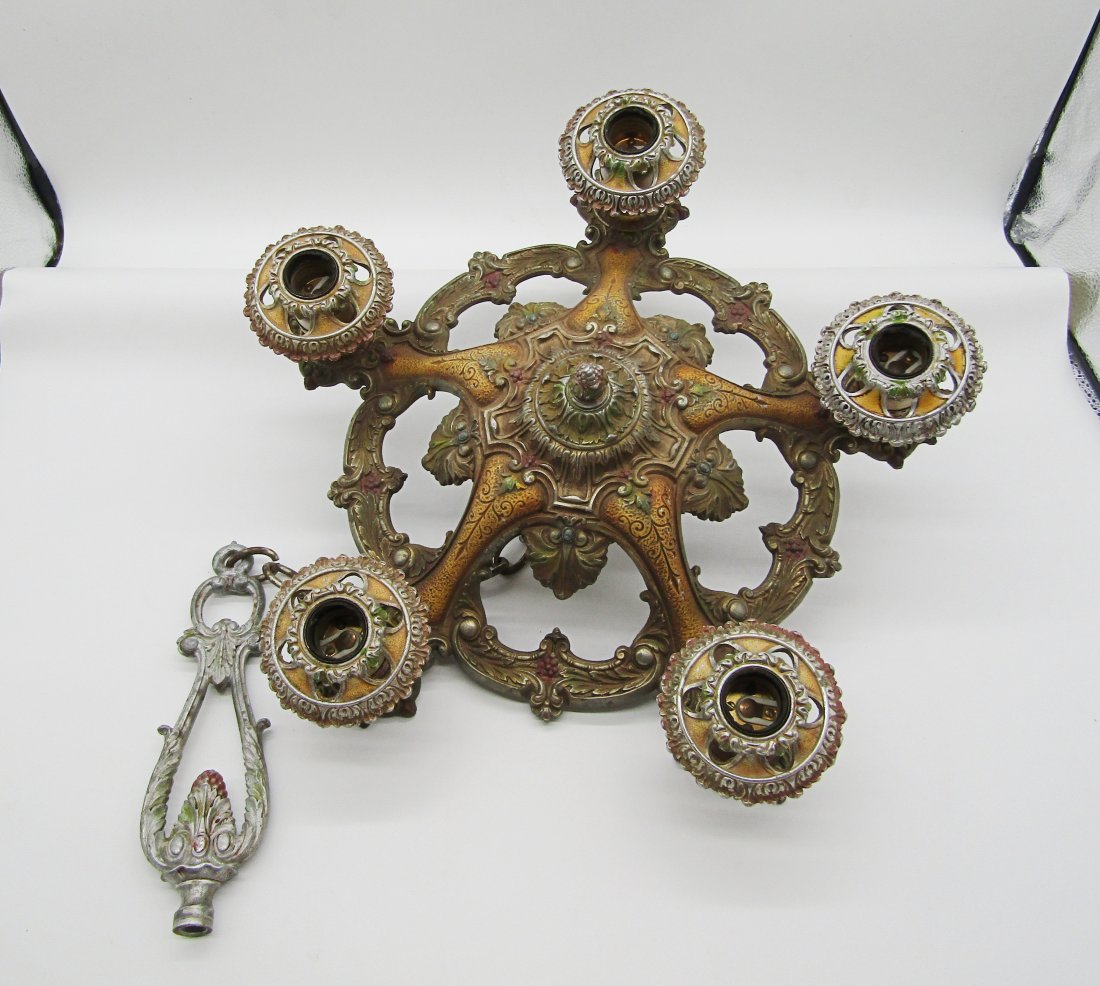 Art Deco period 5 light hanging ceiling fixture, multi color cast aluminum: nice looking, vintage hanging light fixture. Deco period. cast aluminum with 5 arms, sockets. multi colors. measures 18" in diameter.