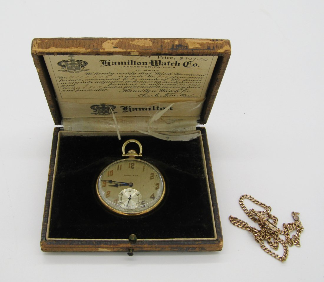 antique 12S Hamilton open face pocket watch 14K gold case, in box: early Deco period 12S Hamilton open face pocket watch in 14K gold case. model 916 movement, 17 jewels. comes in original box. partial PW chain included. not marked, could be gold. chain stands up unde