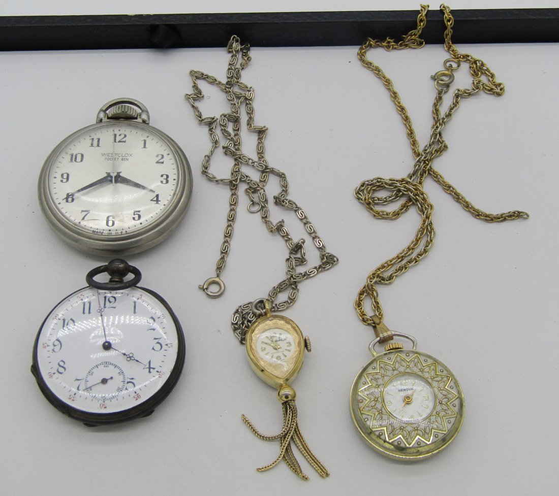 Watch lot 2 pendant, 2 pocket: lot to include Westclox Big Ben, Swiss silver case pocket watch. 2 pendant watches.