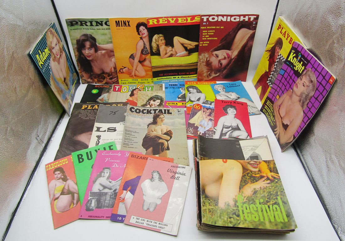 Collection of vintage Men's, Adult magazines: estate lot of vintage Men's adult magazines. Tonight, Revel's, Minx, playboy, Adam, etc. also, mini mags containing photos of 1 female. the stack of mags on bottom right of photo are news stand return
