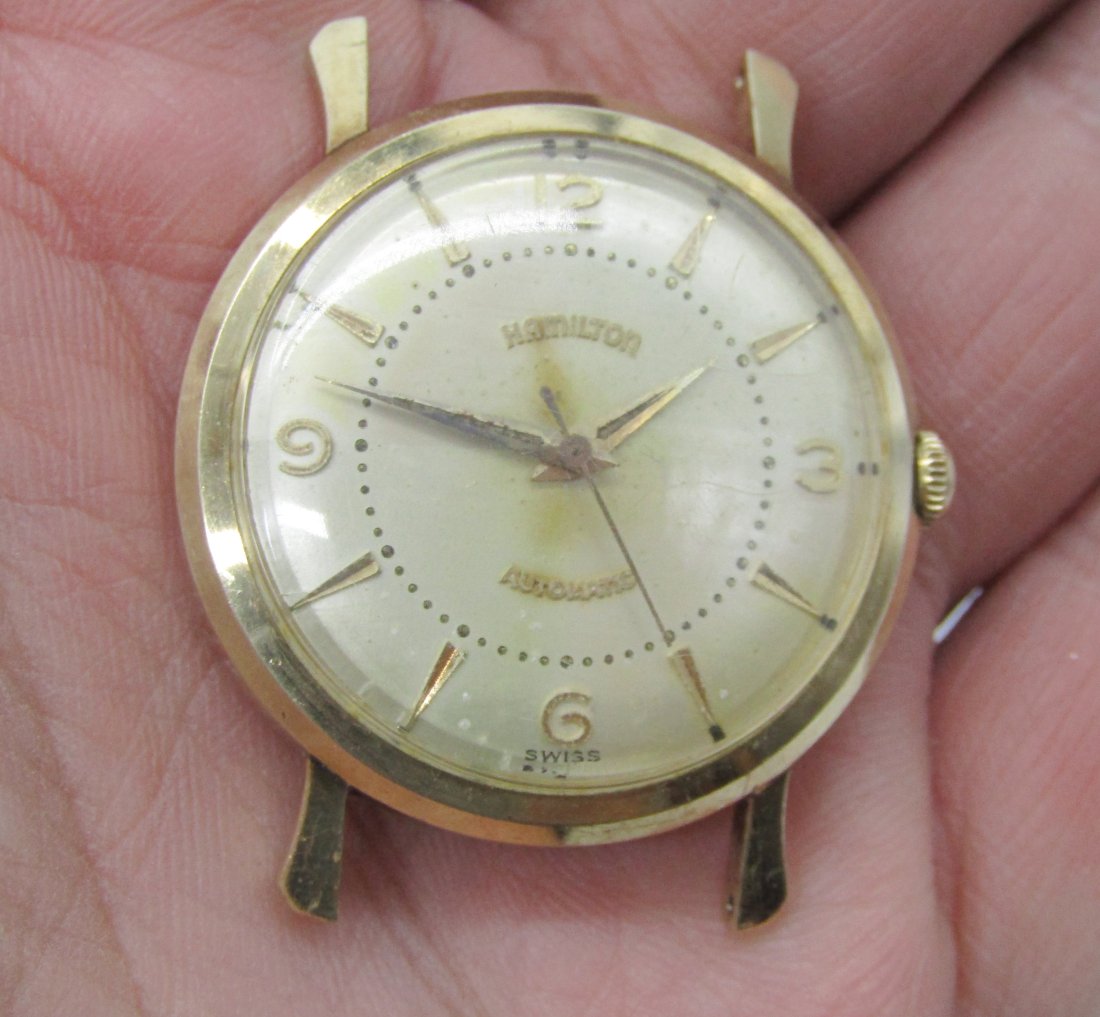 Rare Hamilton model K-351 automatic watch 10K gold cap: Rare Hamilton model K-351 Man's watch. 10K gold cap, stainless back. automatic movement. watch in very good running condition. has shadowing and spots on dial.