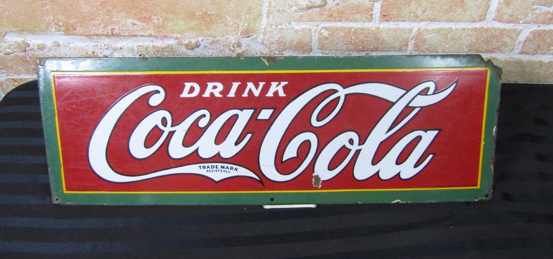 Rare 1927 Coca-cola porcelain advertising sign Coke, Soda: Rare, circa 1927 Coca-Cola porcelain sign. measures 30 x 10". white lettering, red back round, green boarder. sign is in good condition for its age. damaged top right corner and minor porcelain damage