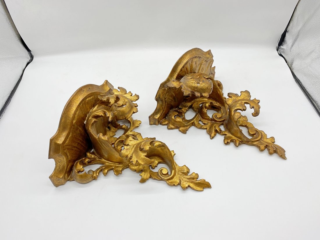Pair of Vintage Italian Gilt Wood and Gesso Italian Wall Shelves: Rococo style gold painted Gilt Wood Italian Wall Shelves each measures 11.5 x 10.5 inches