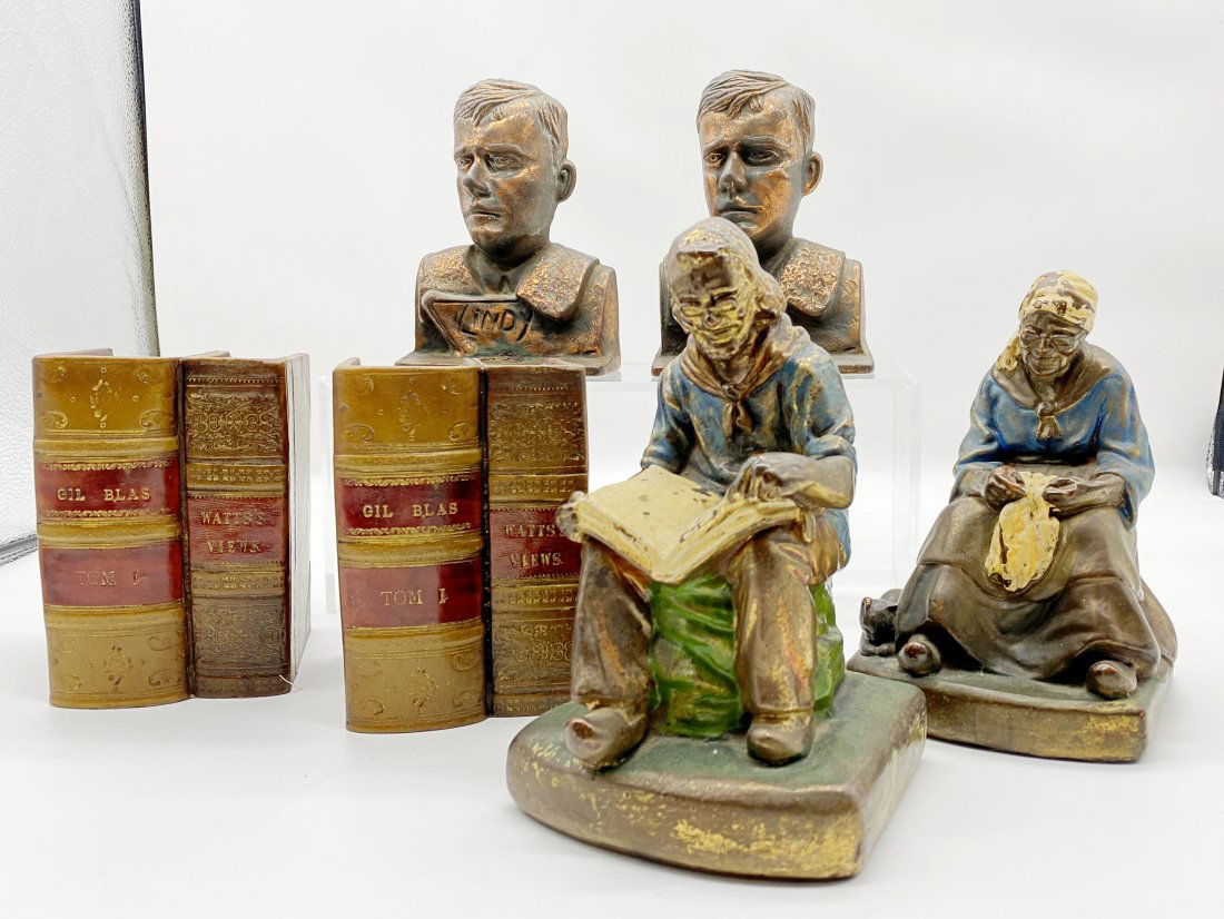 3 pair of vintage book ends: to include Lindbergh, book shaped bronzed clad