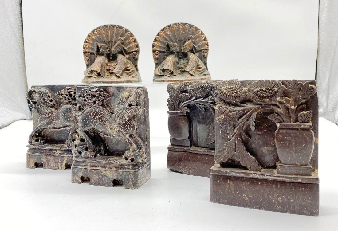 3 pair of vintage book ends Asian Motif: to include two pair of soapstone, one pair with Asian couple