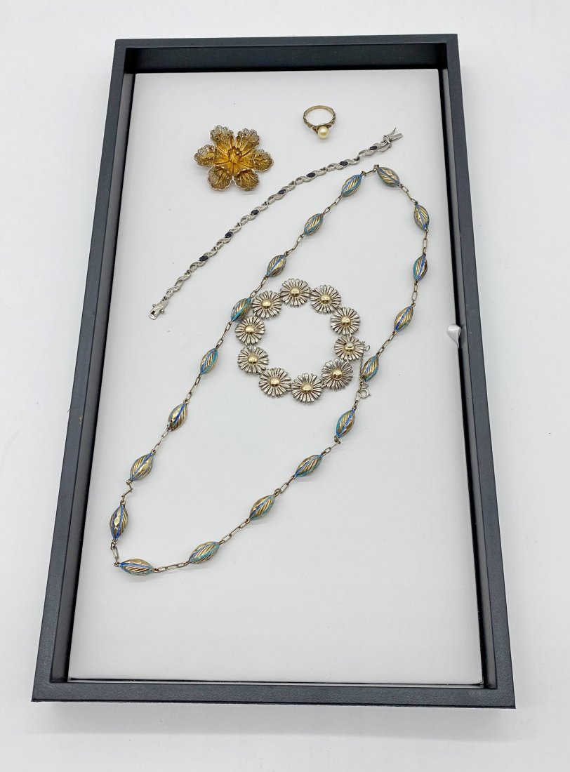 Lot of Vintage Sterling Jewelry: to include necklace with enameling, tennis bracelet, bracelet with flower links, filigree flower pin, total weight: 70 grams
