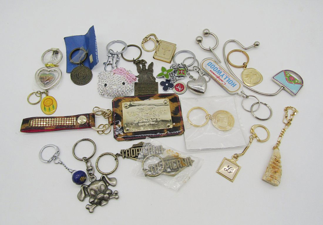 lot of Key Chains: grouping of key chains to include Mobil Gas, cloisonne, stone, etc.