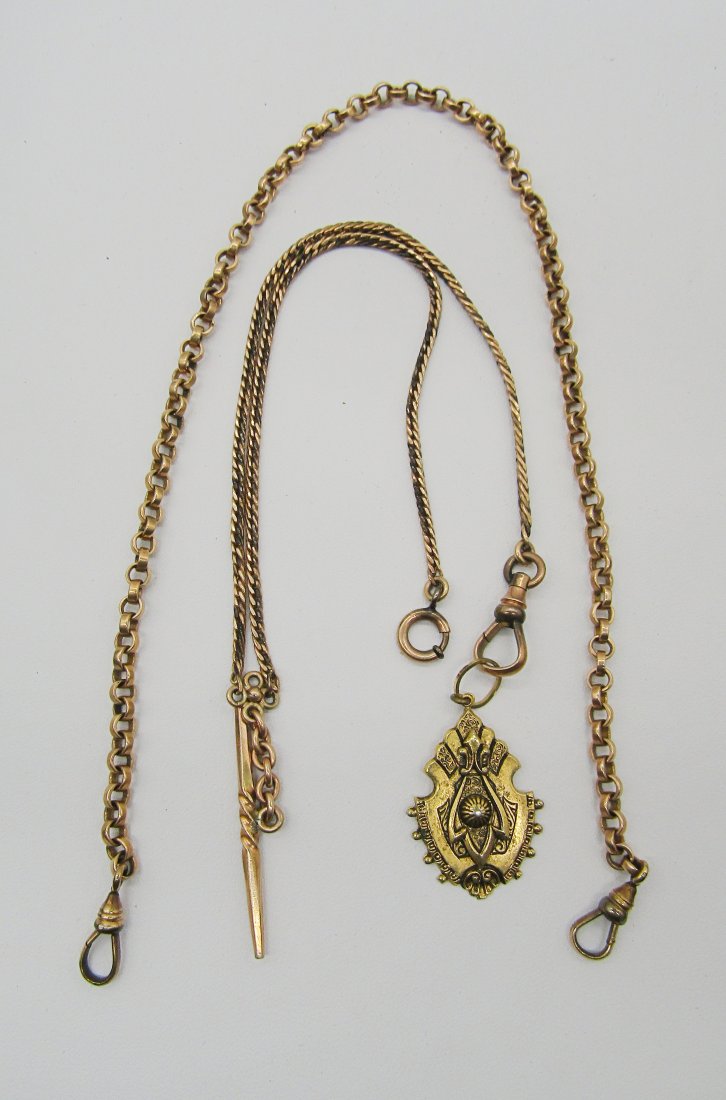 2 antique pocket watch chains: 2 antique pocket watch chains. 1 chain is 14" long, gold plate with round links, clips on each end. 2nd is a plated/ filled 2 strand chain. 9" long with twisted T bar and nice looking fob.