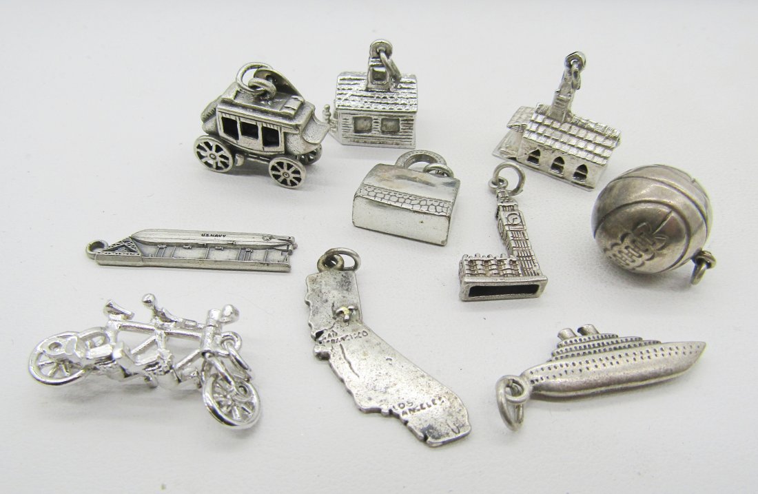 10 vintage sterling charms for charm bracelets: 10 vintage sterling charms to include basketball, bike, buildings, ship, etc.