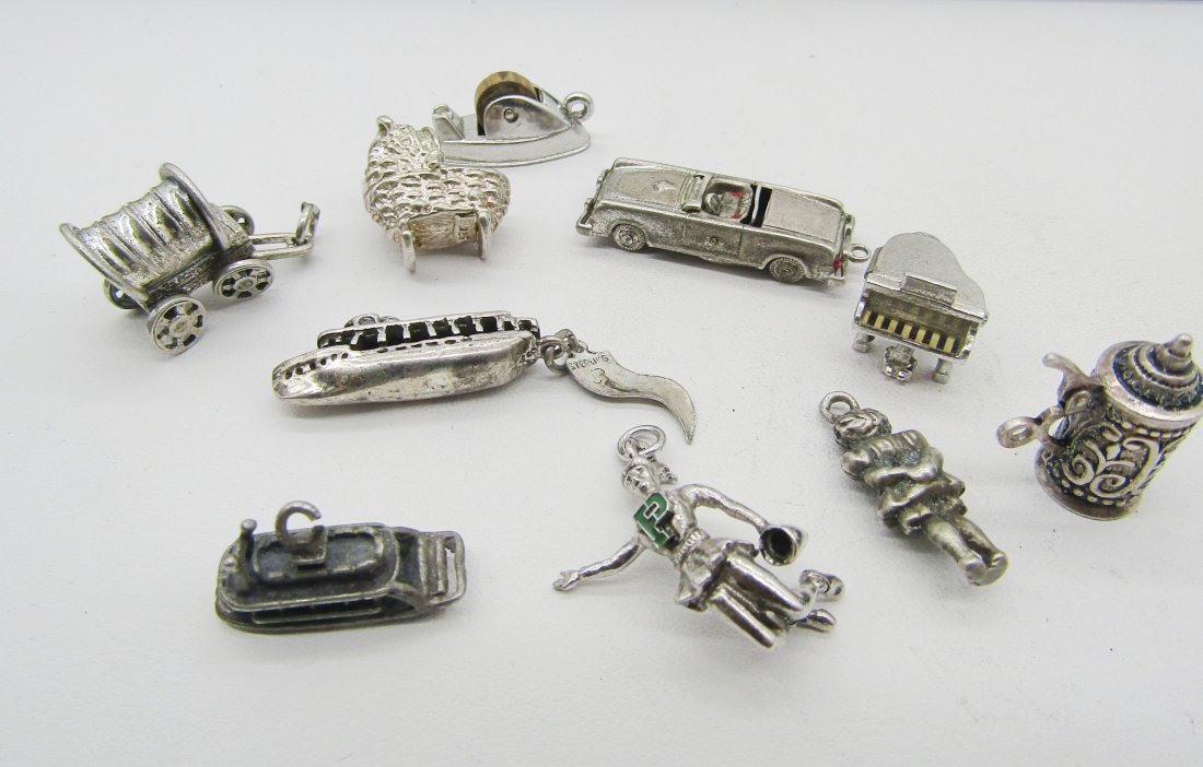 10 vintage sterling charms for charm bracelets: 10 vintage sterling charms to include tape dispenser, piano, boat, cheerleader, etc.