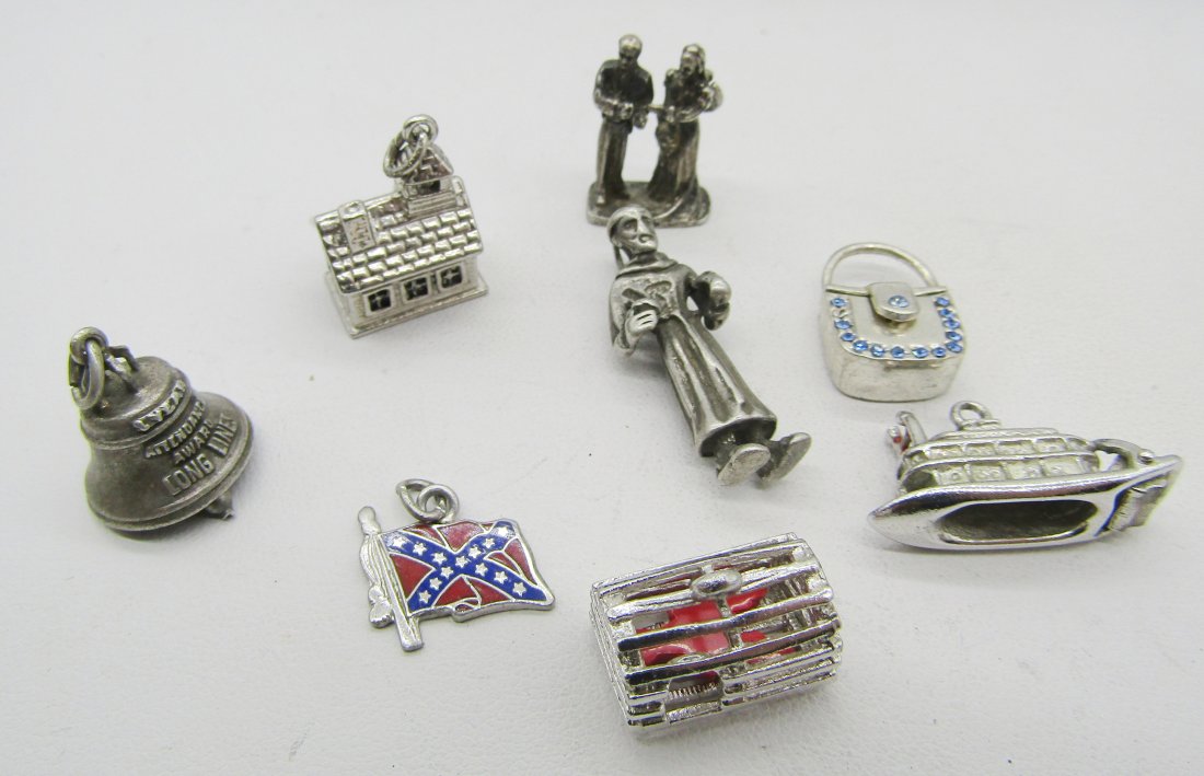 8 vintage sterling charms for charm bracelets: 10 vintage sterling charms to include crab trap, boat, Saint, bell, etc.