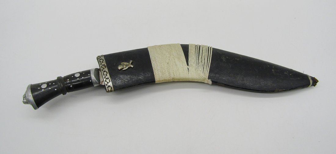 vintage Gurkha knife with sheath: vintage Indian Gurkha curved blade knife in wood sheath. inlaid wood handle.