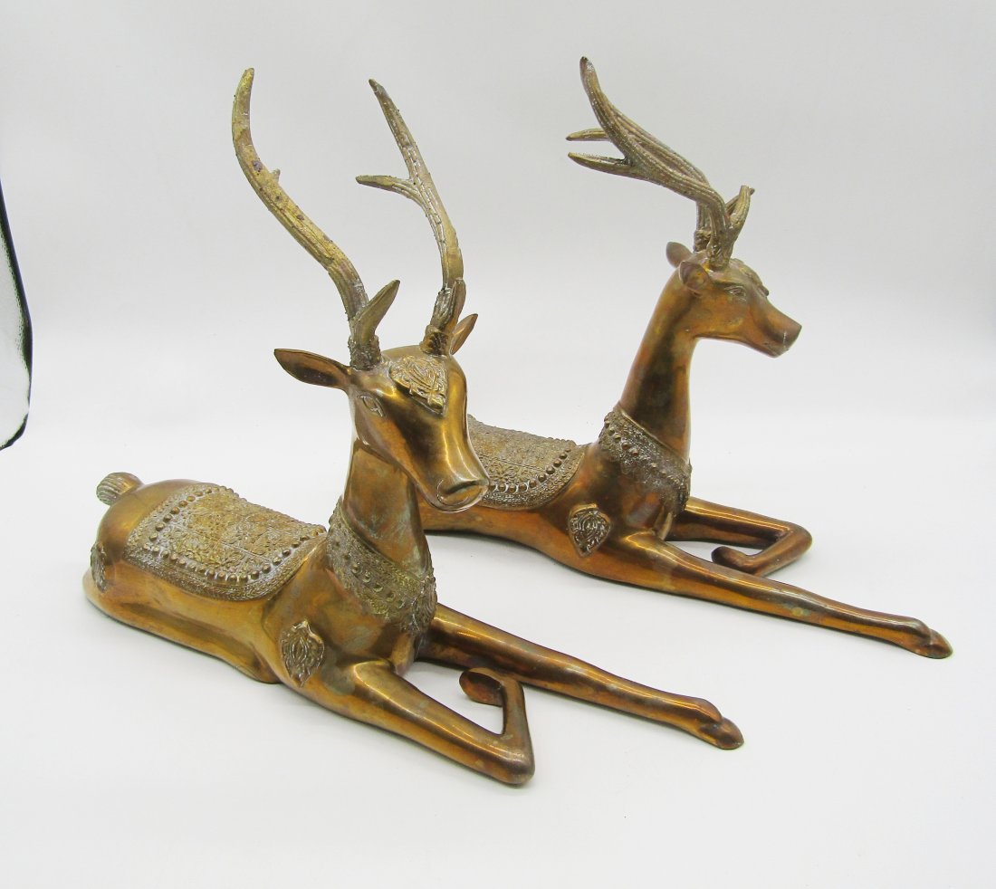 Pair of Brass Decorative Deer: nice pair of Brass decorative Deer with flower and beaded pattern on backs. measures 12" high by 15" long. 9.5 LBS total weight.