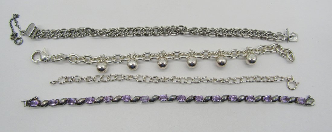 4 sterling bracelets: 4 vintage sterling bracelets. Tennis, Link, dangle. 56 grams TW.