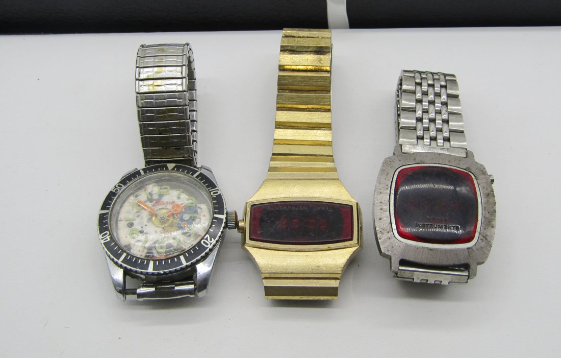 watch lot 2 Texas Instrument LED, Skeleton: 3 pieces watch lot to include 2 LED watches by Texas Instruments and a mechanical Skeleton watch.
