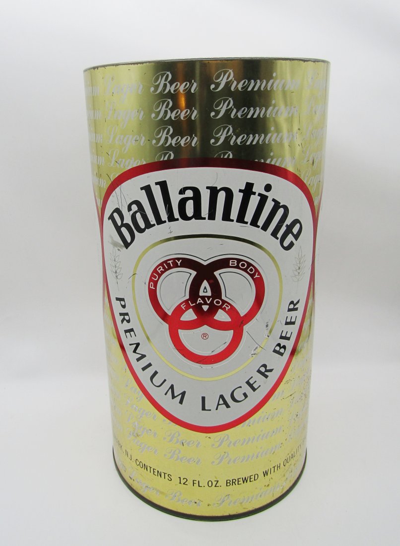 Vintage Ballantine Beer advertising Garbage Can: measures 19" high by 10" in diameter. triple Logo around can