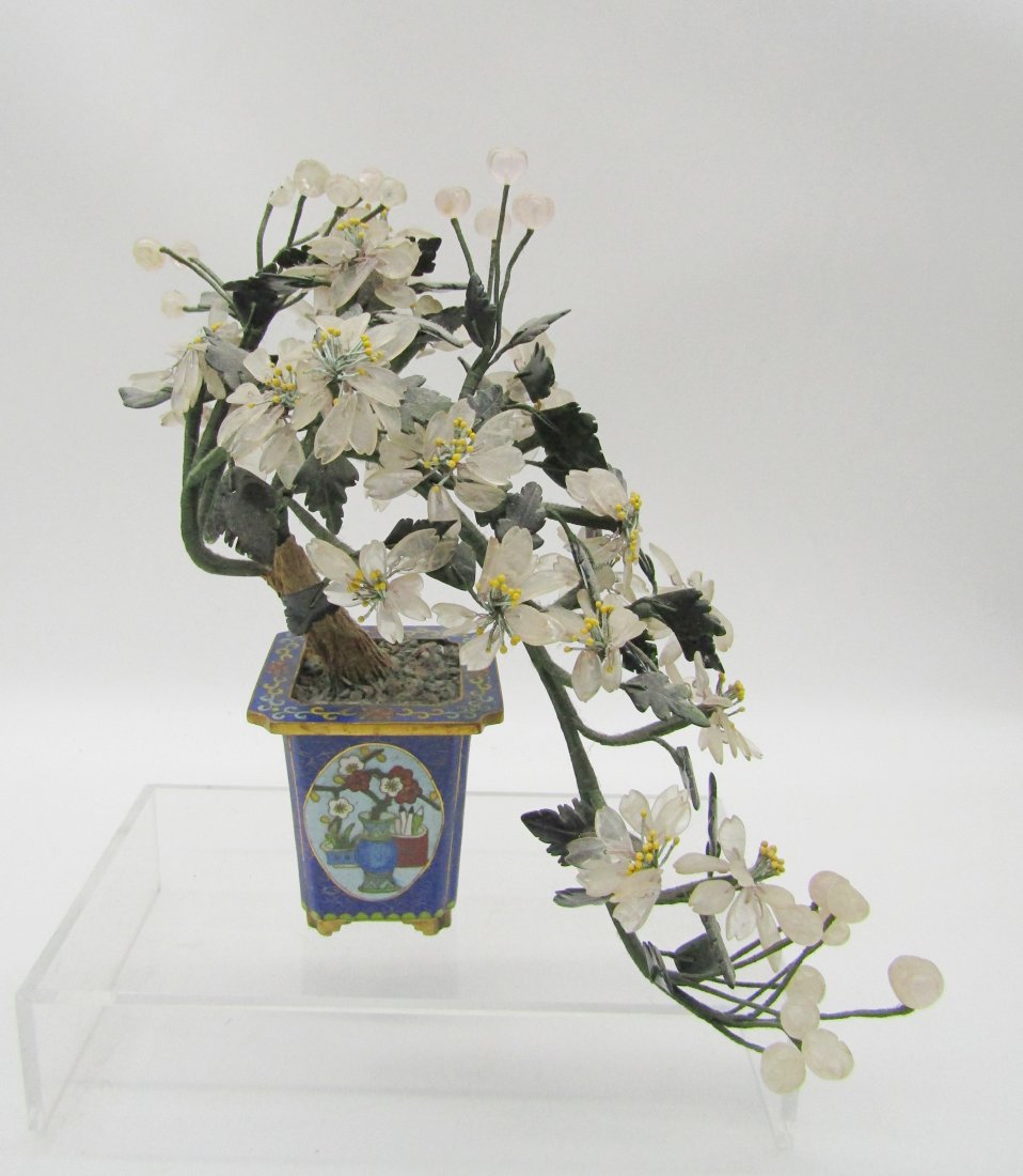 vintage Chinese Cloisonne flower pot with hard stone and jade flowers: measures 9" high. rose quartz and jade flowers. brass body flower pot with Cloisonne work.