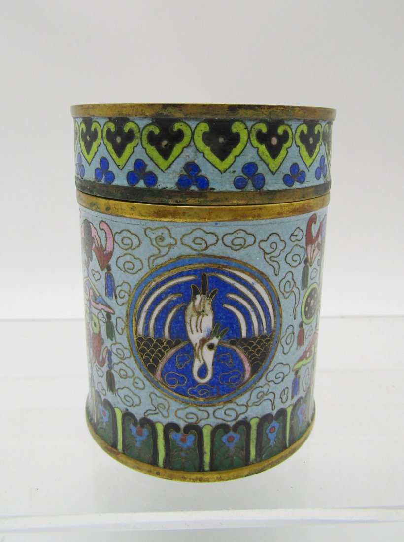 vintage Chinese Cloisonne Cigarette holder, cylinder box: vintage Chinese Cloisonne cylinder shape cigarette holder. measures 3+3/4" high. stork pattern on lid and around body.