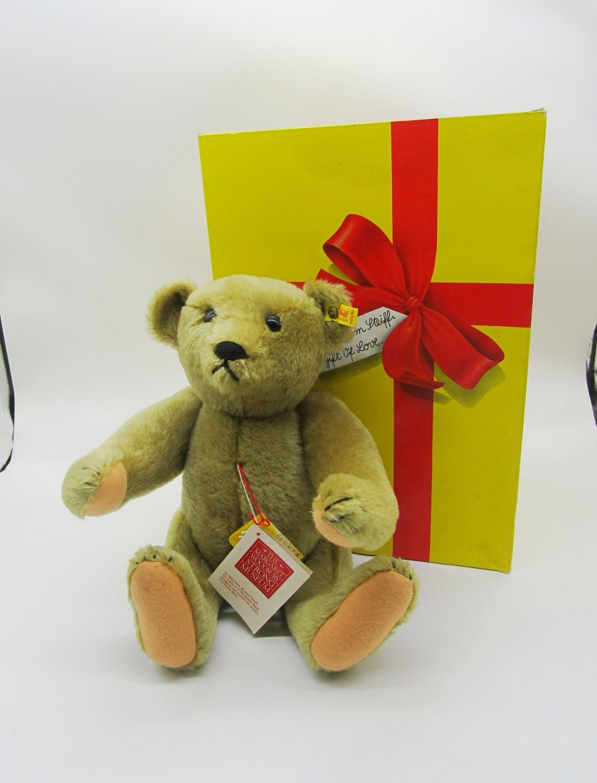 Steiff Mohair Teddy bear in original box,: Mohair Steiff Teddy Bear with Margaret Woodbury Strong Museum tag. ear tag #0155/42.
