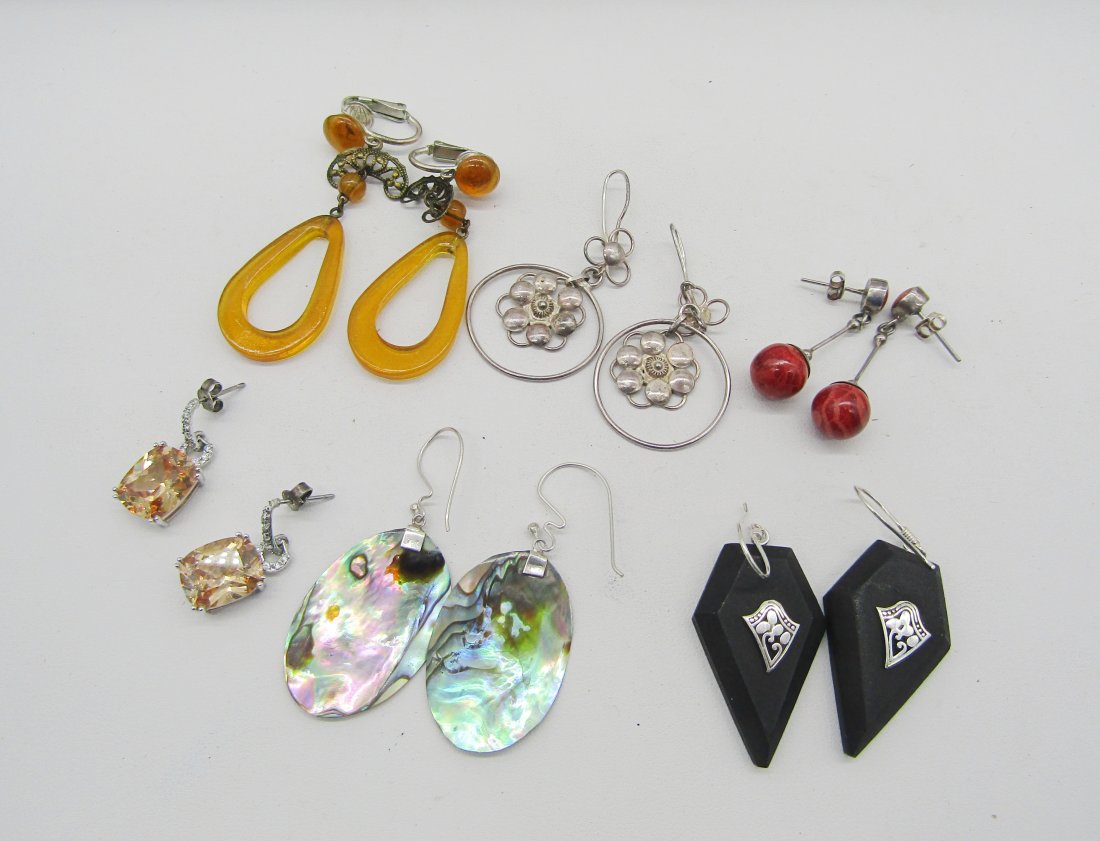 6 pair of dangling sterling earrings: nice estate lot of sterling dangling earrings. abalone, lucite, stone, etc.