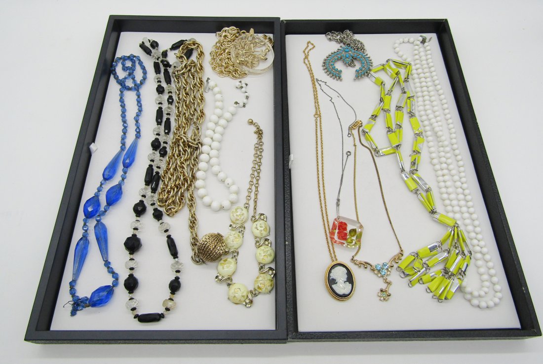 2 trays of vintage costume jewelry necklaces: nice selection of vintage costume necklaces. glass, Czech, gold tone, etc.