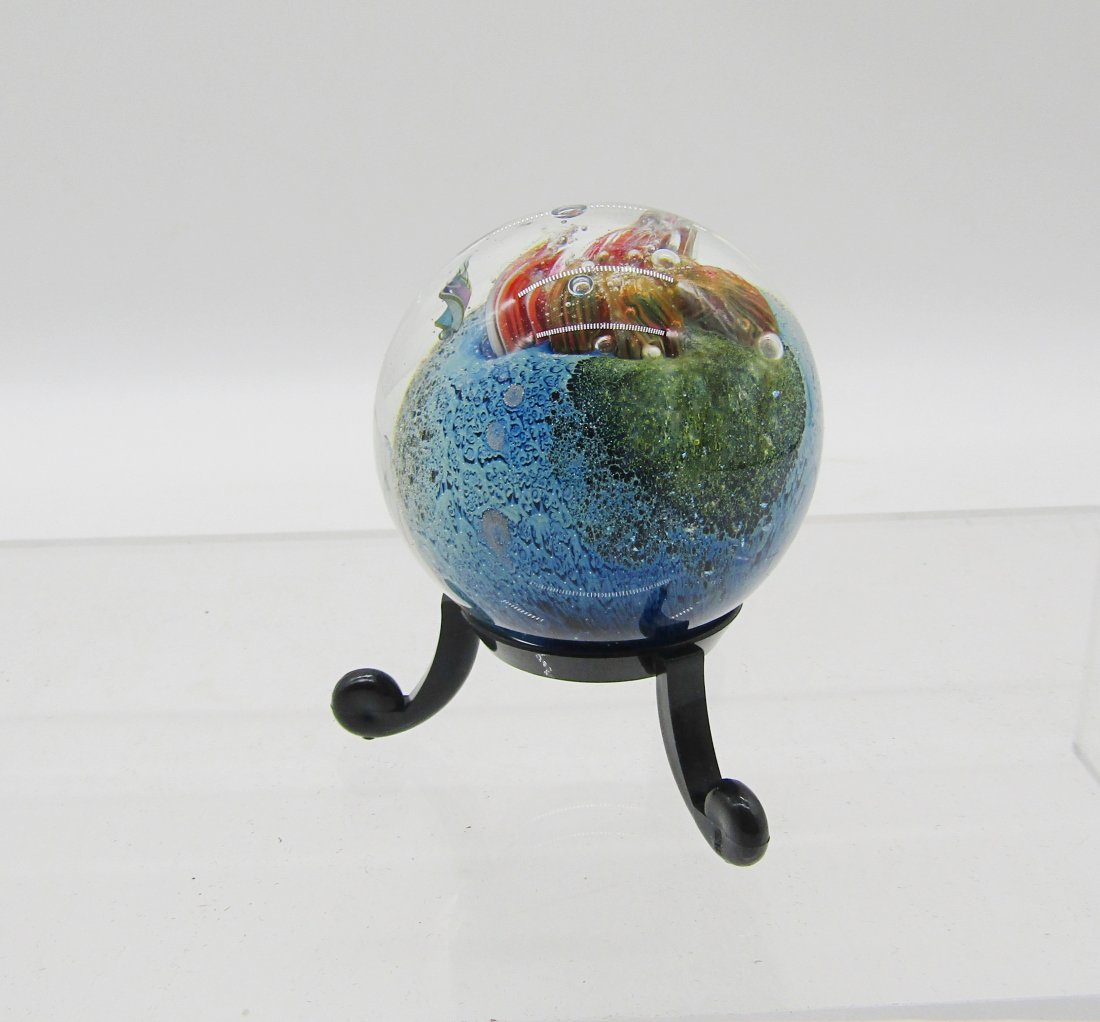 1998 Art Glass Planetary marble by Josh Simson: nice 2" Art Glass Planetary marble by artist Josh Simpson. signed JS98. comes with stand.