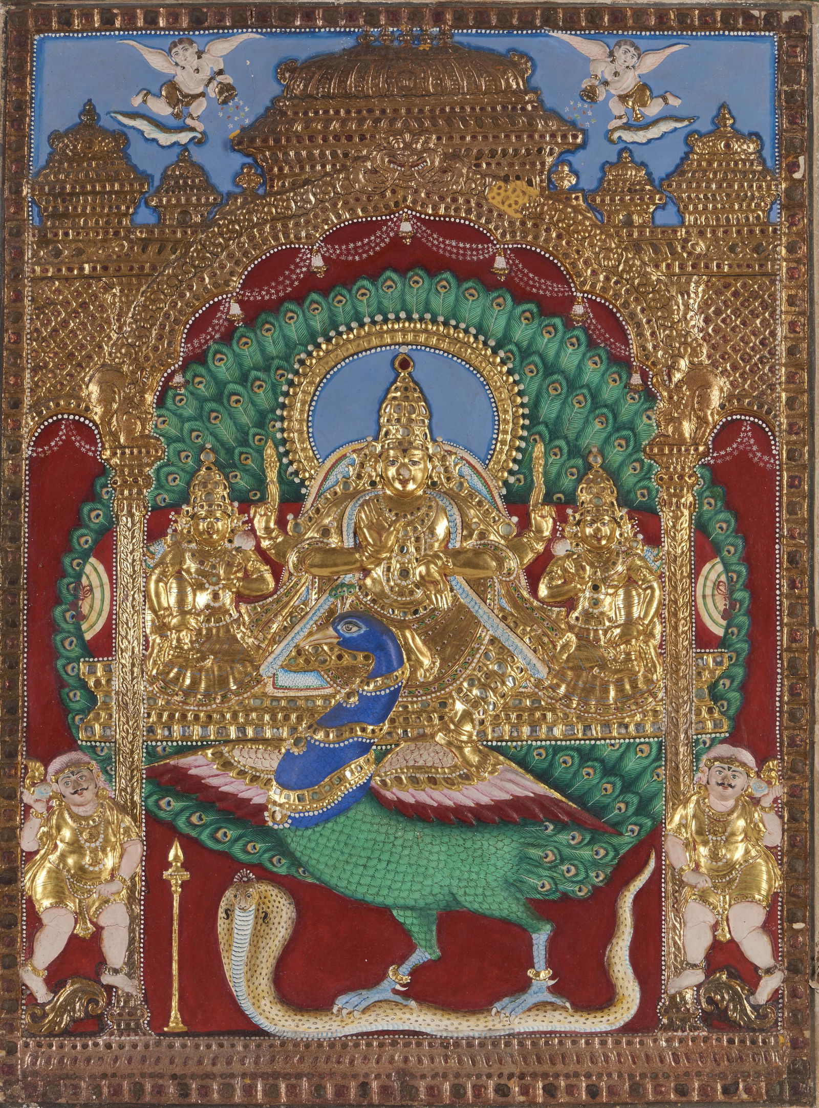 Thanjavur painting depicting Kartikeya (Murugan)  Southern India, Tamil Nadu, early 20th century (1 of 3)