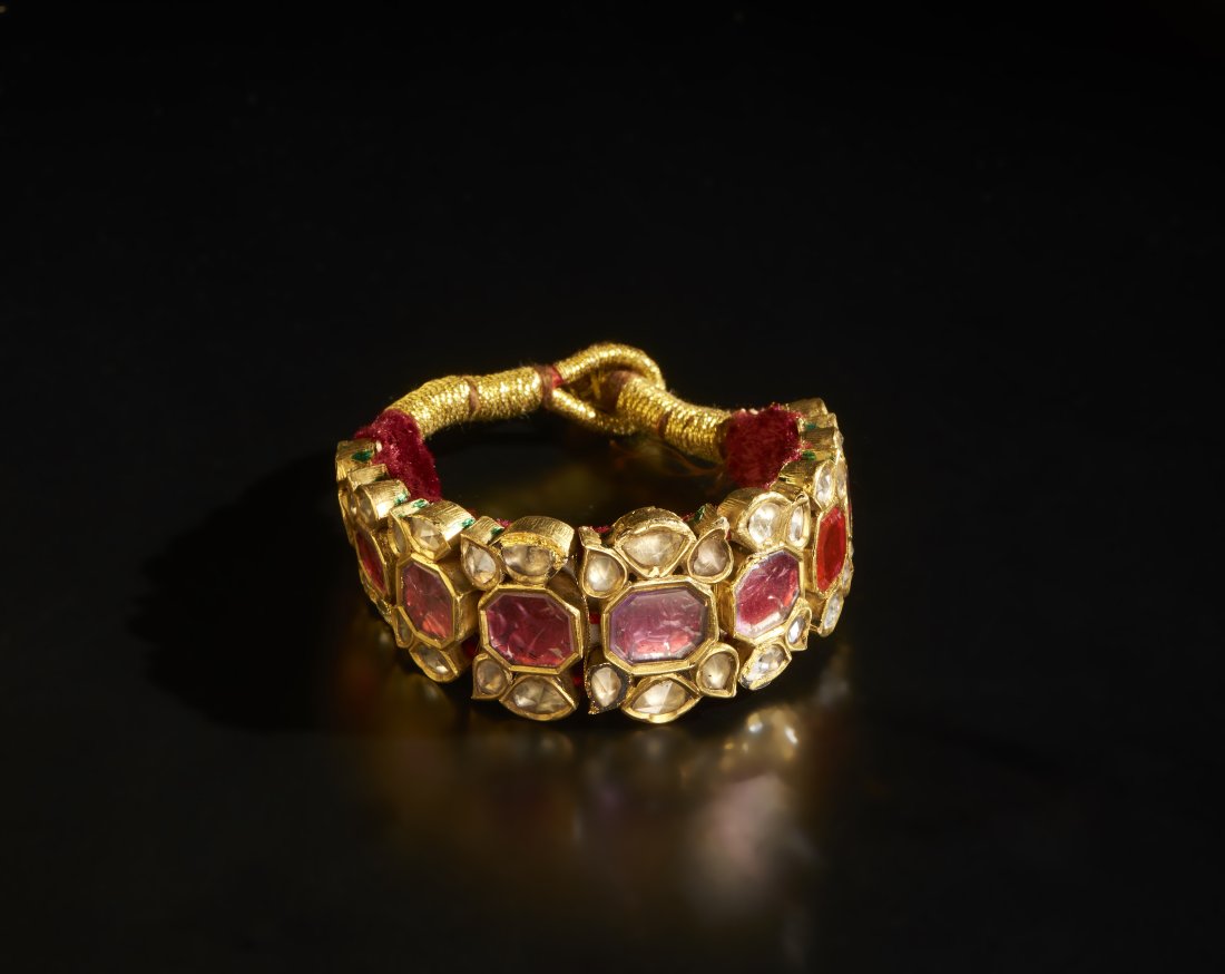 A Mughal gem set bracelet incrusted with tourmaline and colored glass  Northern India, Rajasthan, (1 of 3)