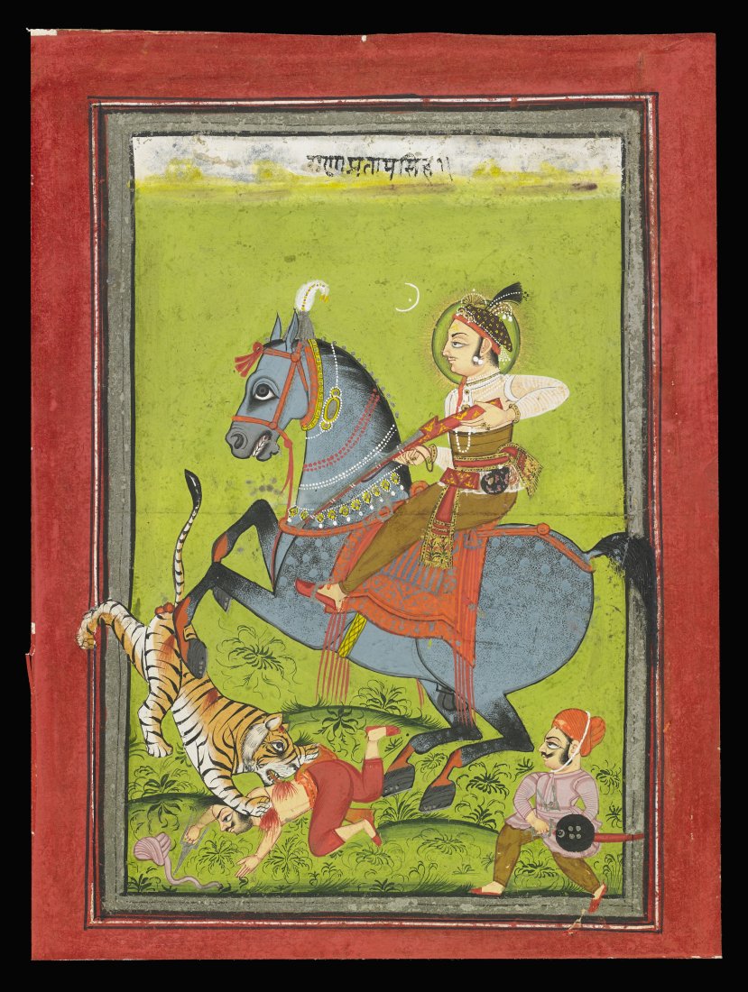 A Mewar ruler hunting lion Mewar, 18th century? Painting on paper, H. 25,5 X L. 17 cm (dim. totali: (1 of 2)